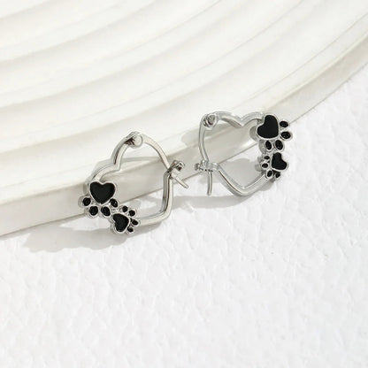 Heart Paw Huggie Earrings With Black Enamel