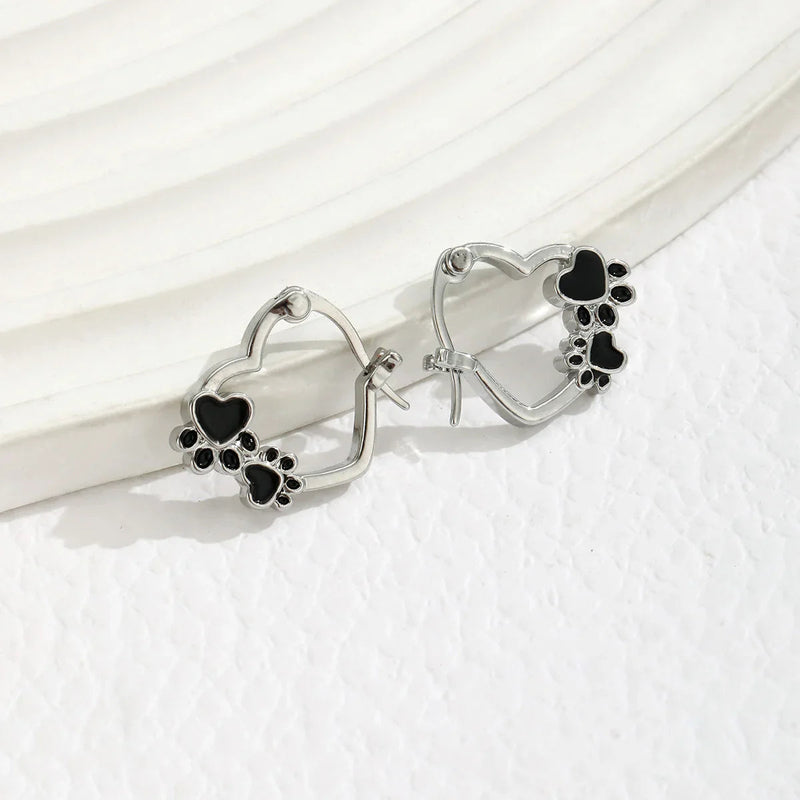 Heart Paw Huggie Earrings With Black Enamel