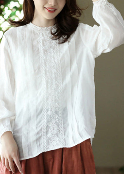 White O-neck Wrinkled Ramie Top Spring