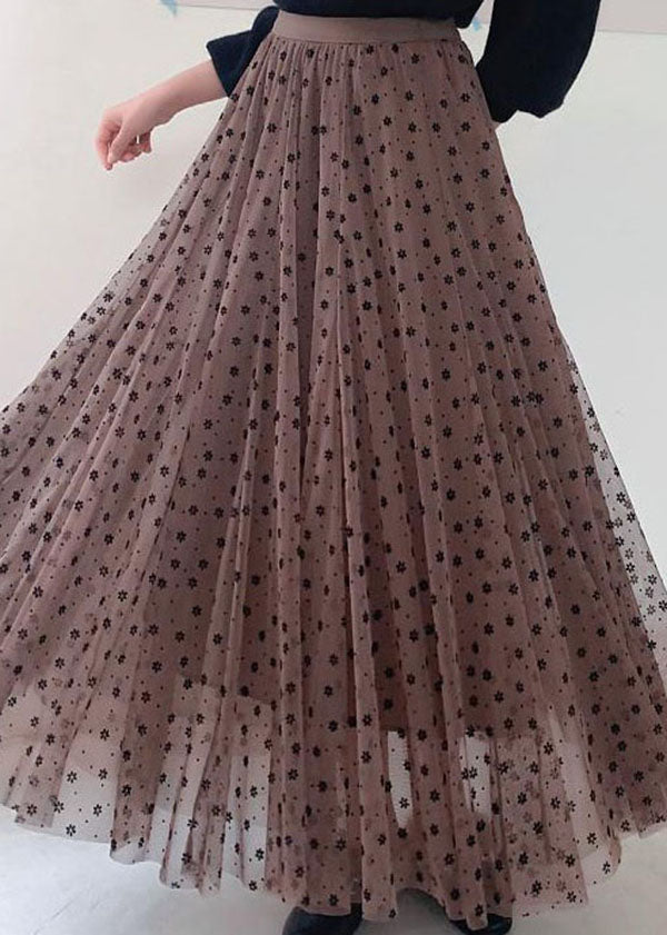 Coffee Wrinkled Print Patchwork Tulle Skirts Spring