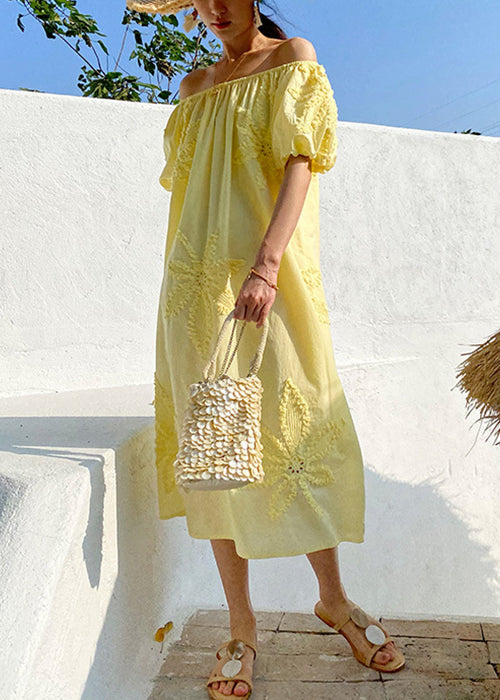 Yellow Embroidered Pockets Cotton Long Dresses Slash Neck Summer