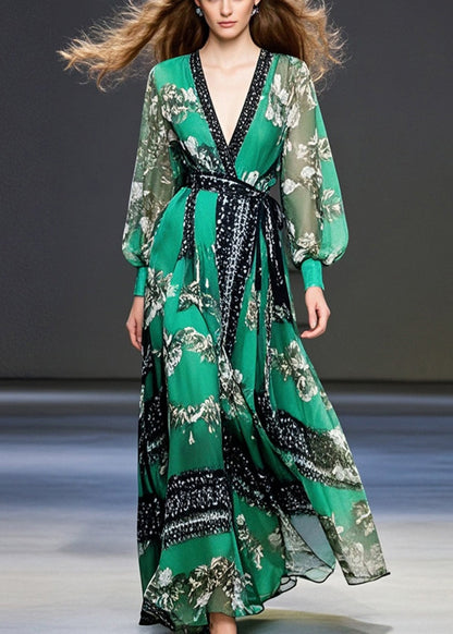Peacock Green Cinched Print Chiffon Maxi Dresses Fall