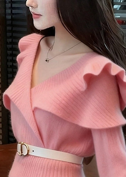 Art Pink V Neck Ruffled Knit Sweater Fall
