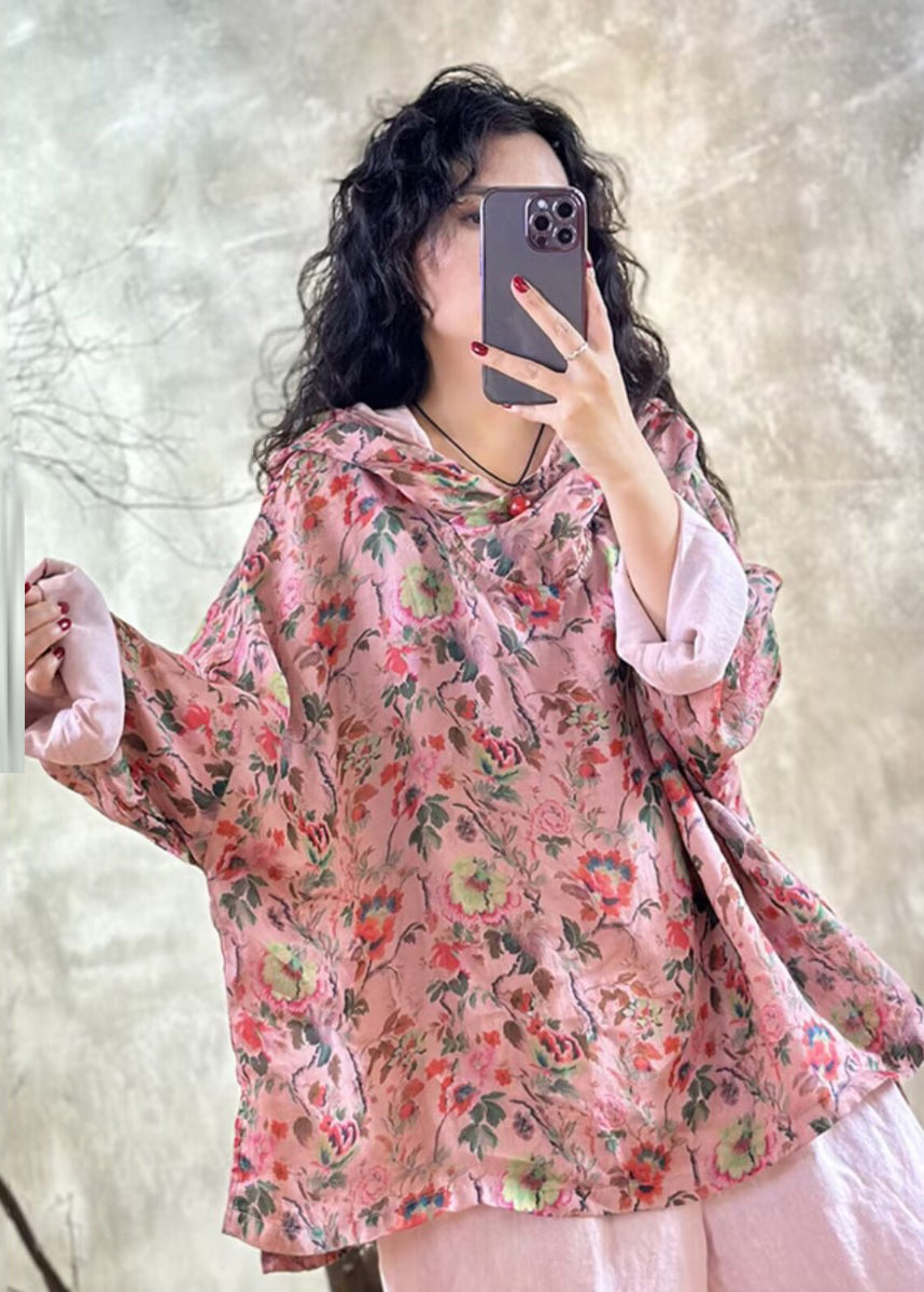 Pink Oversized Print Linen Hooded Pullover Top Spring