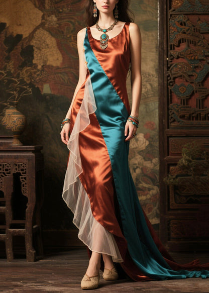 Colorblock Asymmetrical Patchwork Exra Large Hem Silk Dress Summer