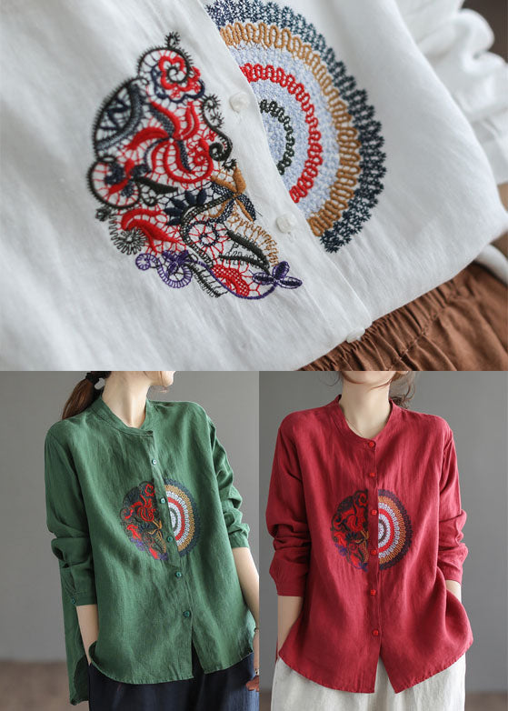 Green Embroidered Linen Shirt Top Long Sleeve