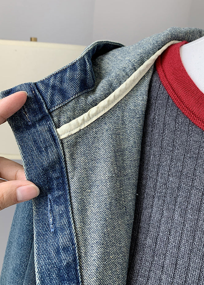 Blue Button Denim Hooded Coat Fall