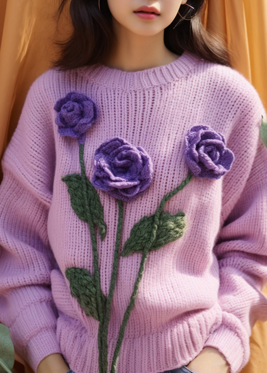 Purple Hollow Out Knit Sweaters Winter