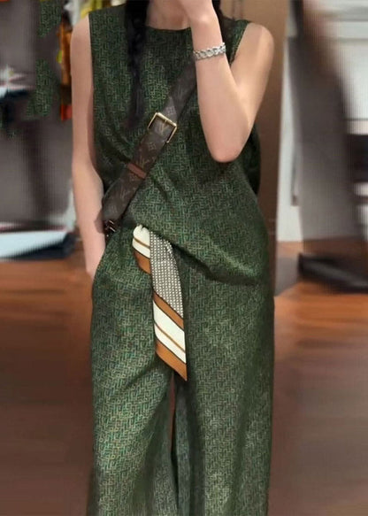 Green O-neck Satin Vest and Wide Leg Pants Two Pieces Set Summer