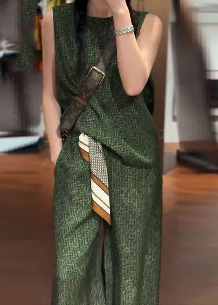 Green O-neck Satin Vest and Wide Leg Pants Two Pieces Set Summer