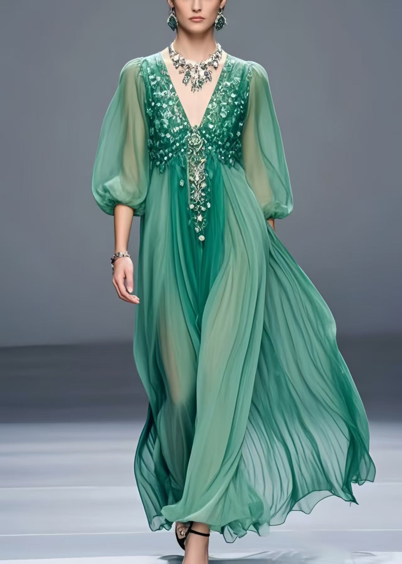 Tea Green V Neck Chiffon Holiday Dress Bracelet Sleeve