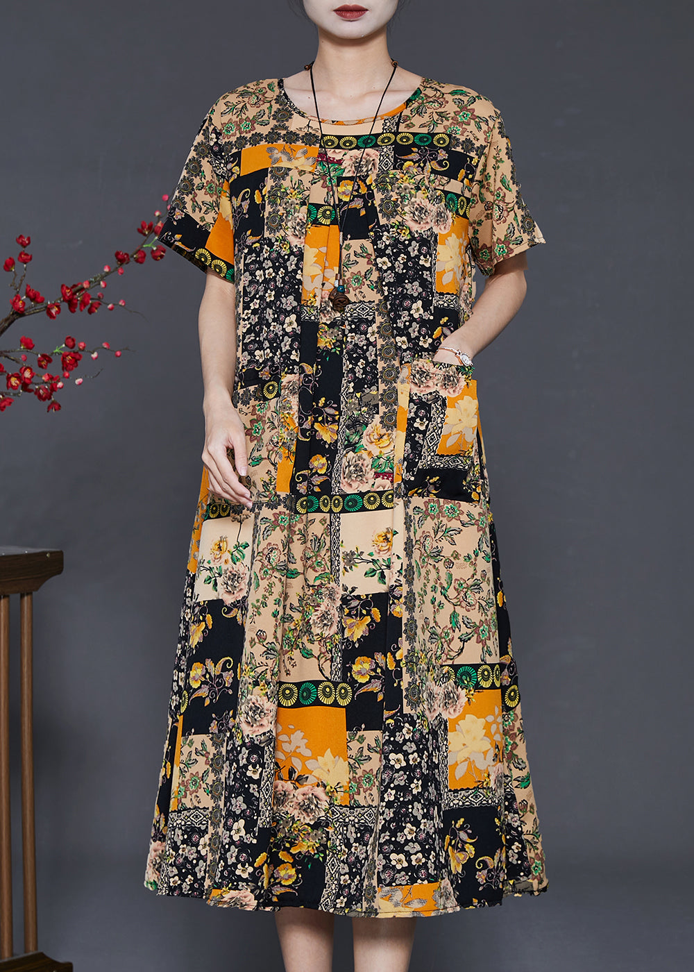 Boutique Khaki Oversized Print Chiffon Holiday Dress Summer