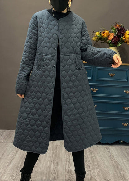 Beige O Neck Pockets Fine Cotton Filled Coat Winter