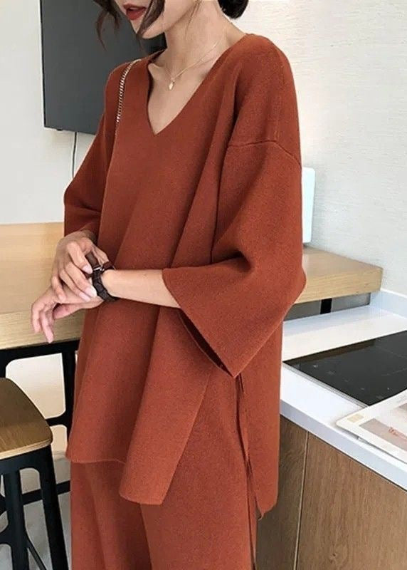 Style Orange V Neck Side Open Knit Two Piece Suit Set Spring