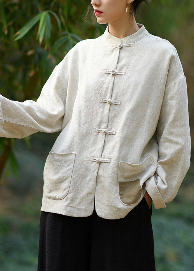 Chinese Style Stand Collar Pockets Oriental Button Linen Coat Spring