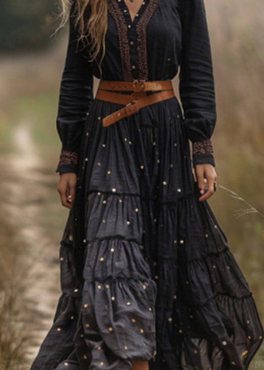 Black Wrinkled Patchwork Cotton Long Dresses Fall