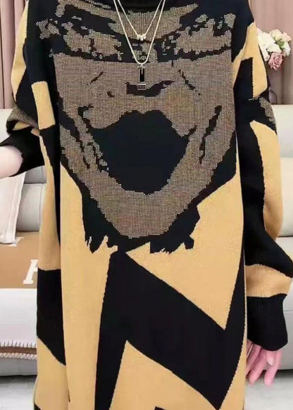 Yellow Turtleneck Print Cotton Knit Long Dress Winter
