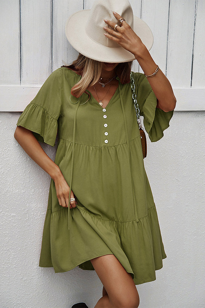 Green Short Sleeves A-line Dresses