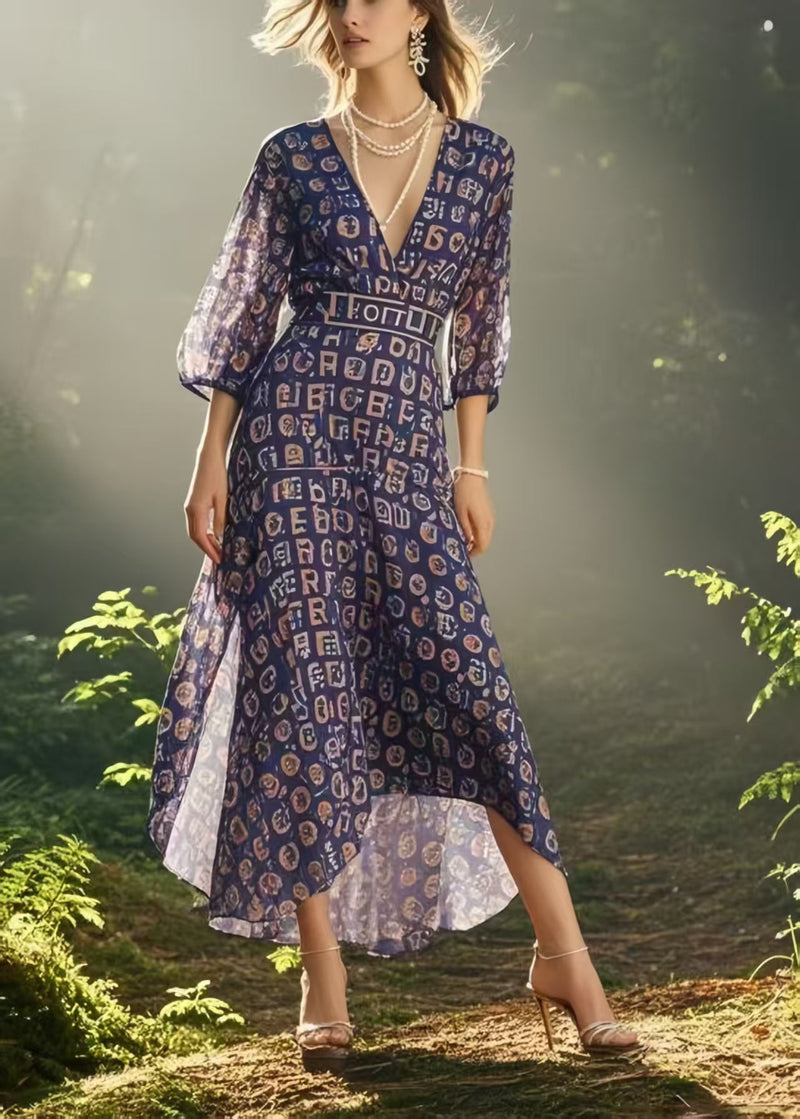 Purple V Neck Print Chiffon Mid Dress Bracelet Sleeve