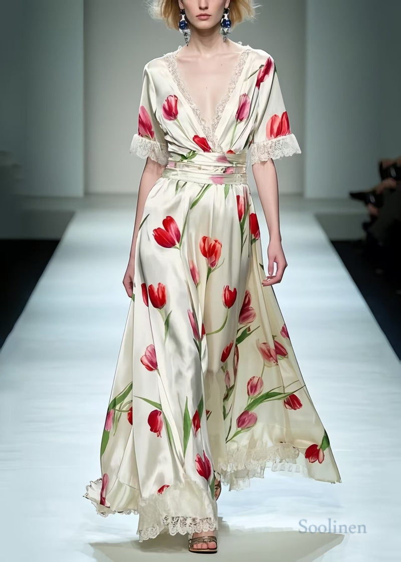 White Print Patchwork Lace Long Dress Summer
