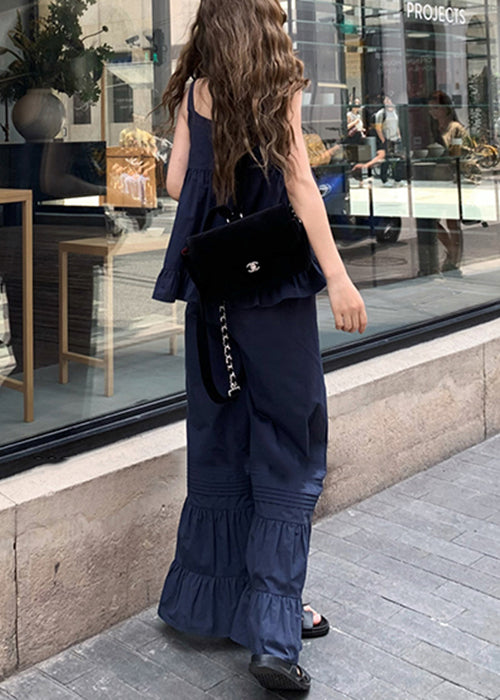 French Navy Ruffled Tops and Flare Bottoms Cotton Two Piece Set Sleeveless