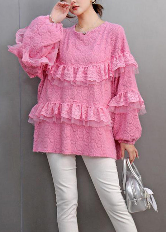 Natural Pink O-neck Ruffled Lace Patchwork Tops Lantern Sleeve