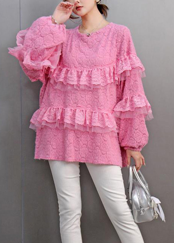 Natural Pink O-neck Ruffled Lace Patchwork Tops Lantern Sleeve