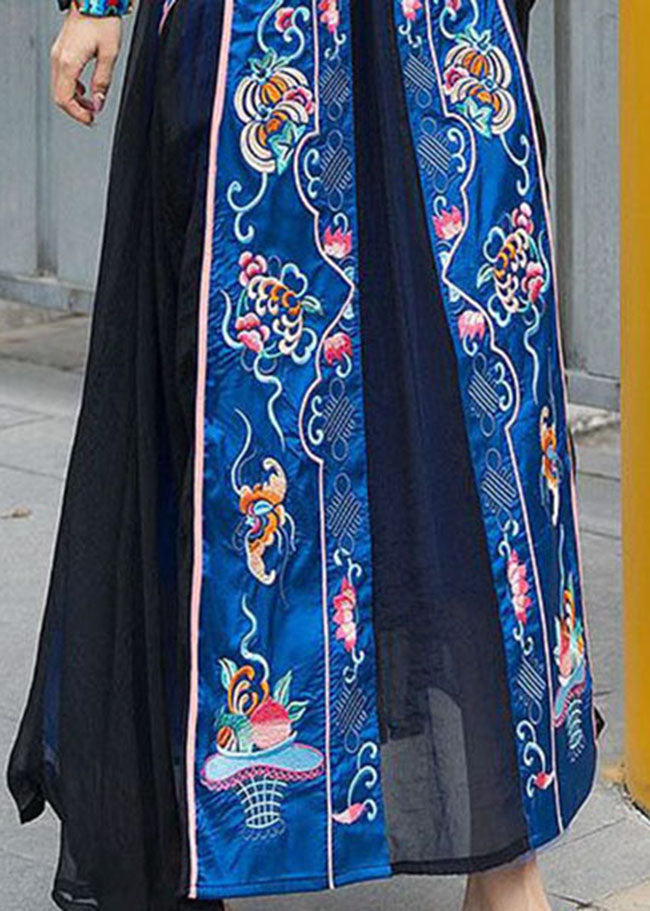 Chinese Style Black Patchwork Embroidered Chiffon Skirts Spring