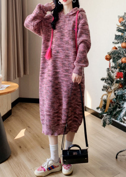 Pink Lace Up Patchwork Cotton Knit Long Dress Winter