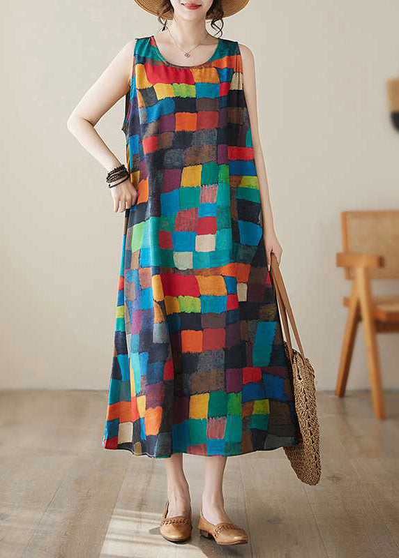 Rainbow Plaid O-neck Maxi Dress Summer