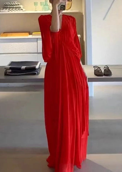 Red V Neck Wrinkled Chiffon Maxi Dress Half Sleeve