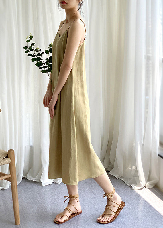 Khaki Linen Spaghetti Strap Dress Sleeveless