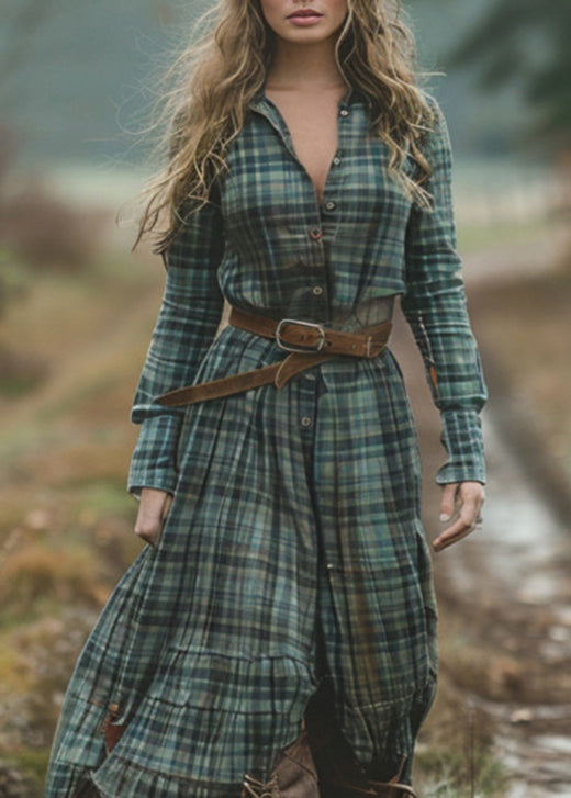 Green V Neck Plaid Button Chiffon Long Dress Fall