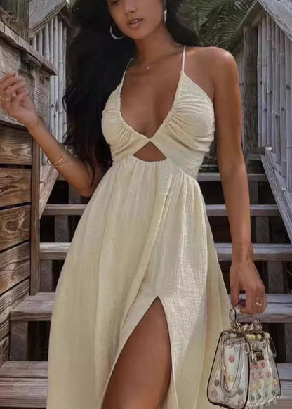 European and American Style V Neck Hollow Out Side Open Summer Dress