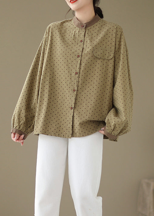 Versatile Green Dot Print Cotton Shirt Fall