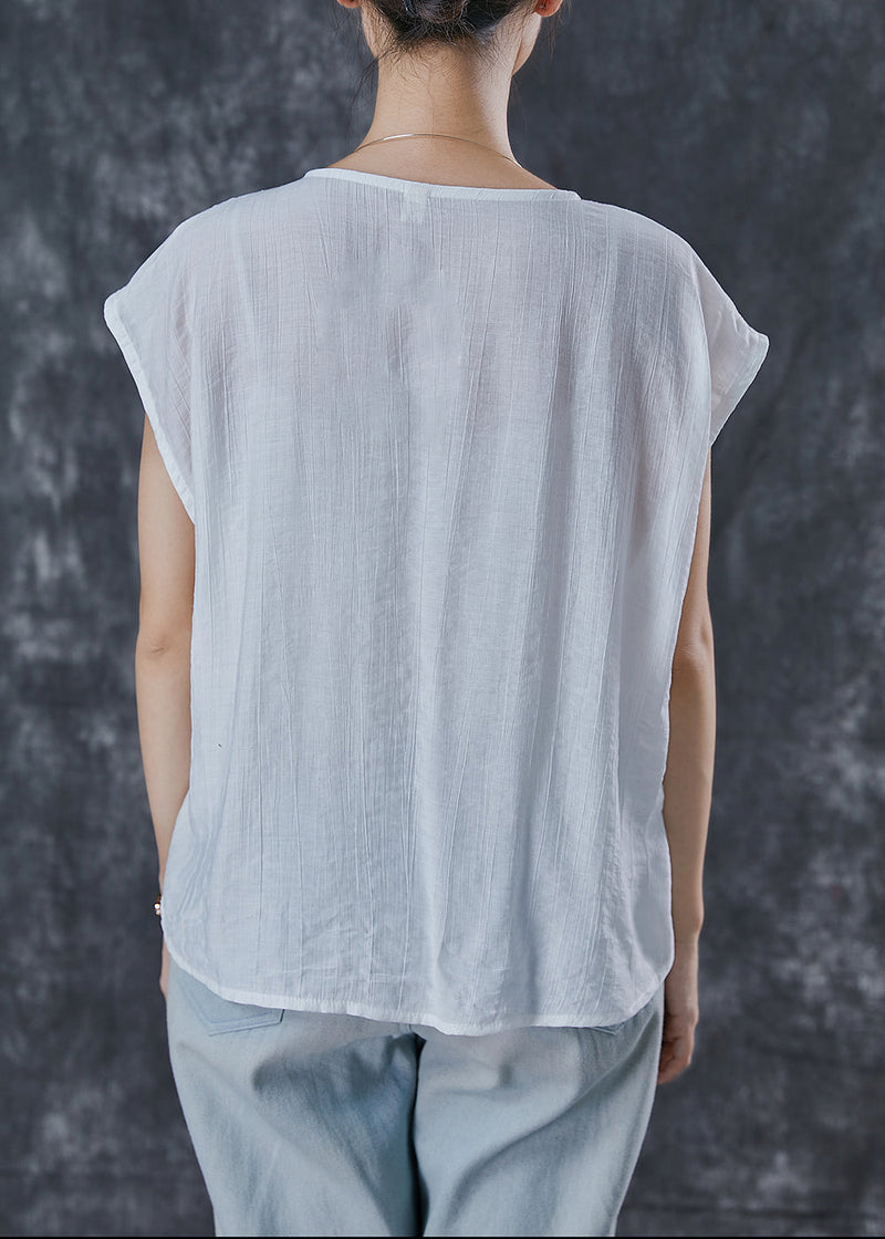 White V Neck Wrinkled Linen Tops Summer