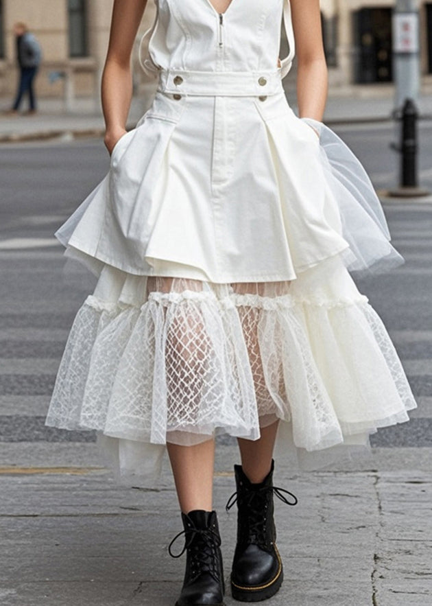 White V Neck Patchwork Tulle Denim Holiday Dress Summer