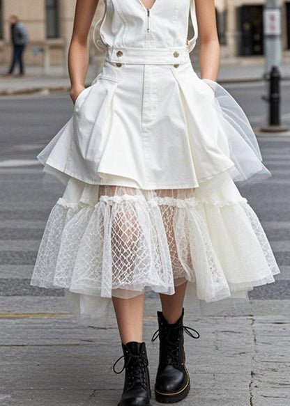 White V Neck Patchwork Tulle Denim Holiday Dress Summer