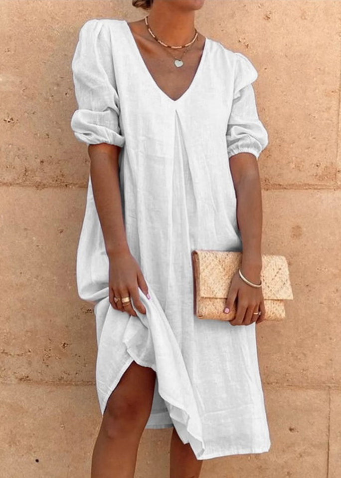 Pink V Neck Cotton Mid Dress Summer