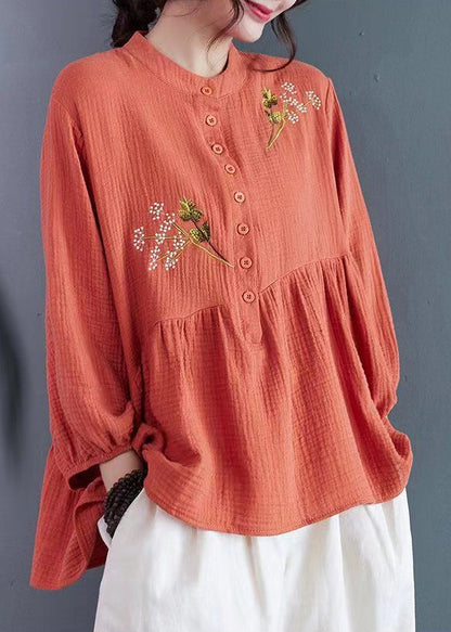 Brick Red Embroidered Cotton Tops Summer