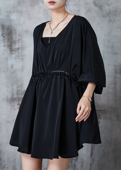 Black V Neck Tasseled Chiffon Dresses Summer