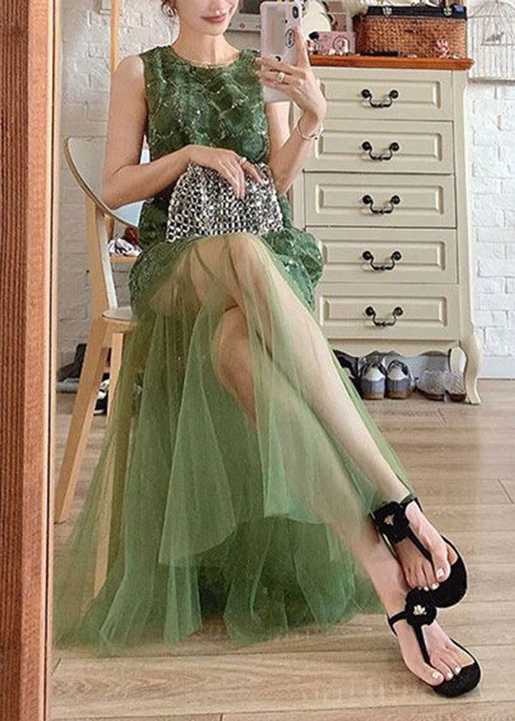 Green O-neck Patchwork Tulle Vacation Maxi Dresses Sleeveless