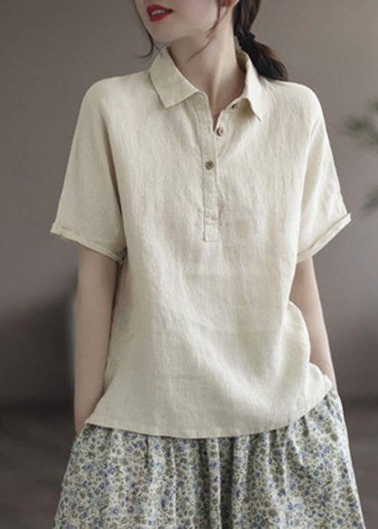 Italian Pink Peter Pan Collar Patchwork Button Linen Top Short Sleeve