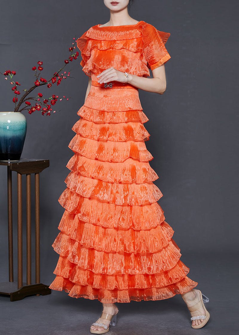 Orange Ruffled Patchwork Layered Organza Dresses Summer