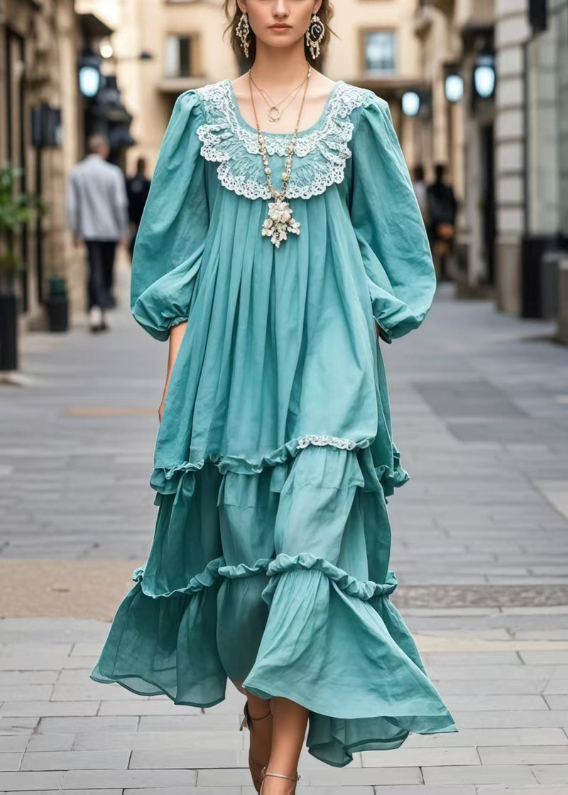 Blue Ruffled Patchwork Lace Dress Bracelet Sleeve