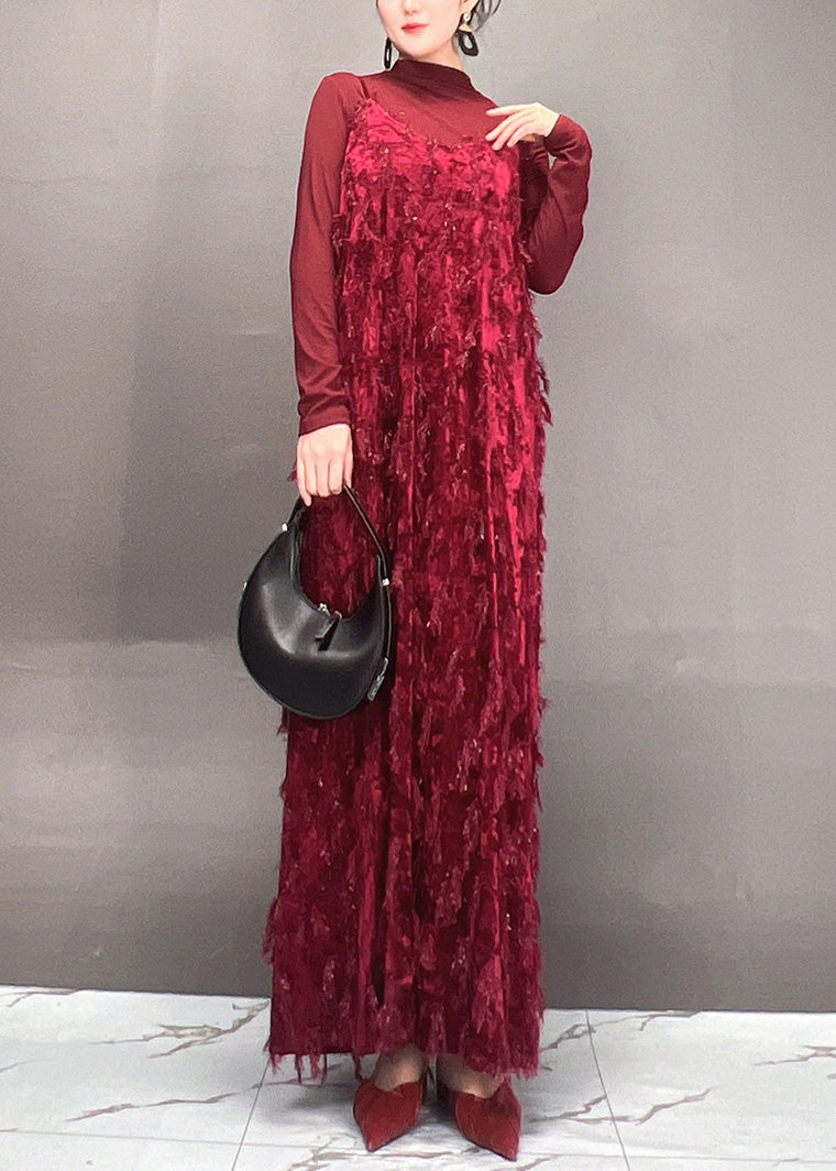 Mulberry Tassel Top and Maxi Dress Two Pieces Set Fall