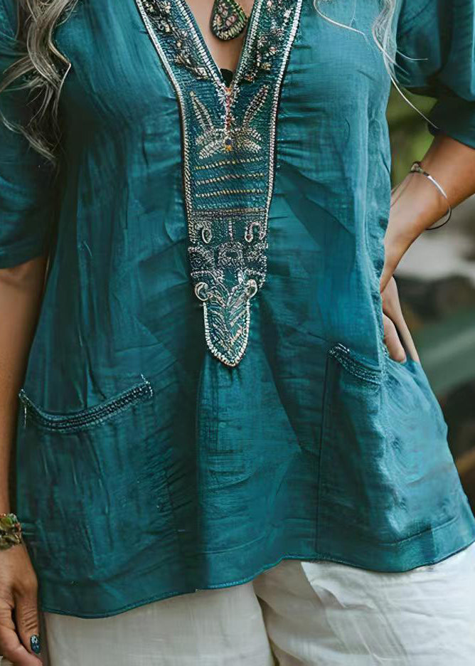 Blue V Neck Print Pockets Cotton Top Summer