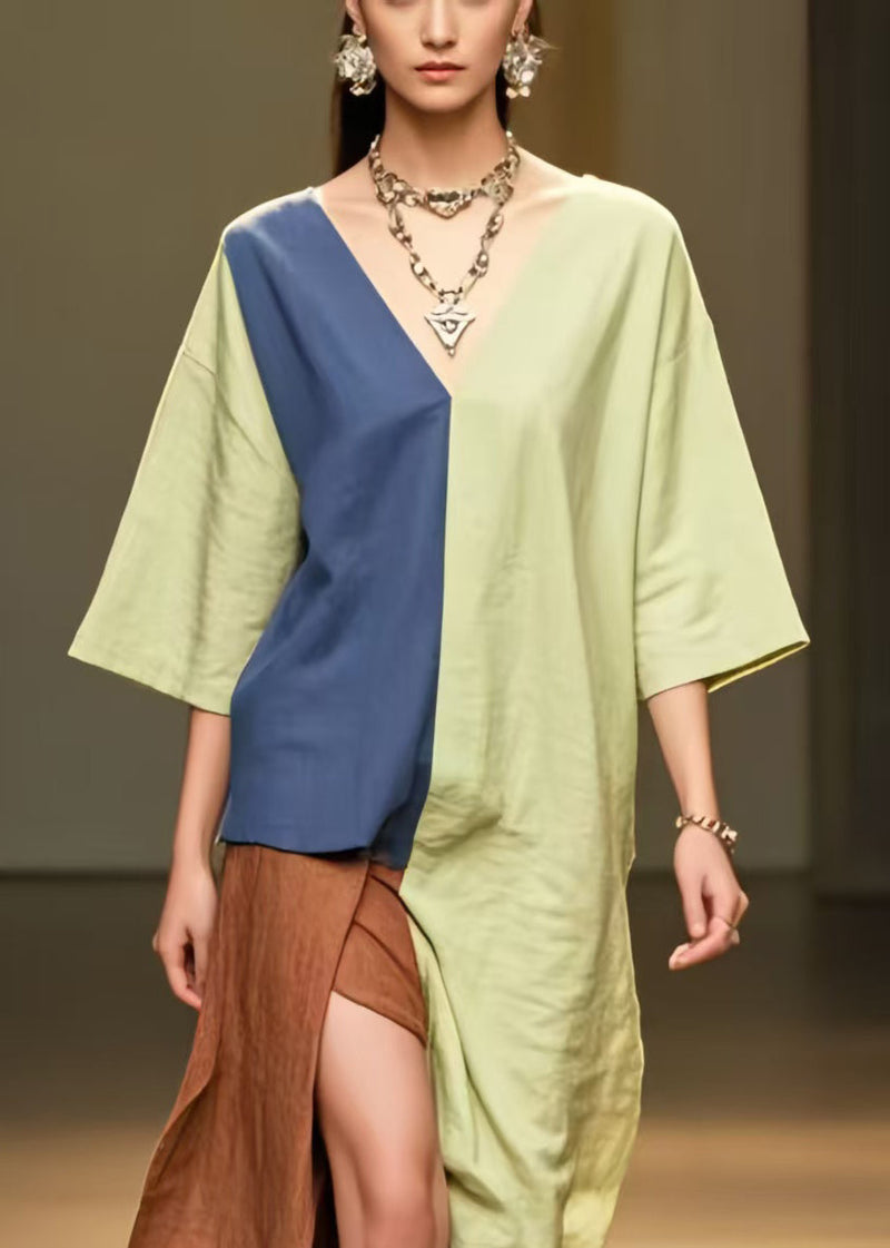 Grass Green Patchwork Cotton Dress Asymmetrical Side Open Summer