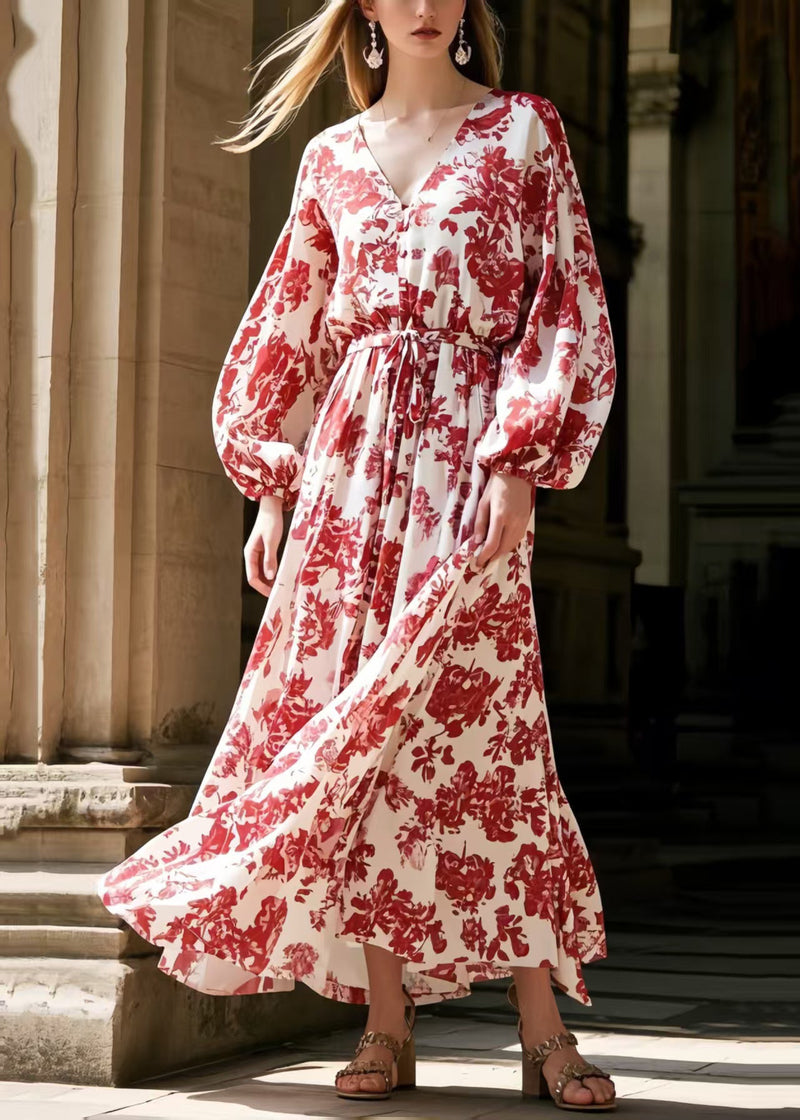 Red Print Tie Waist Chiffon Robe Dresses Spring