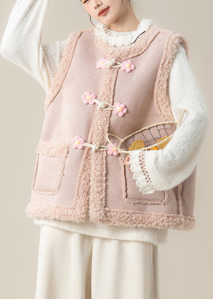 Pink Oversized Patchwork Flower Teddy Vest Jacket Winter